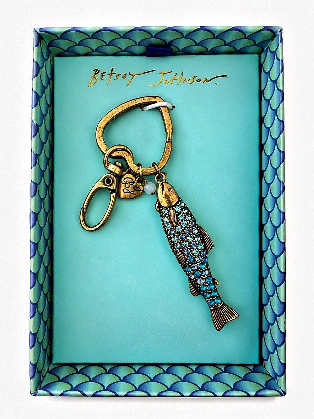 Betsey Johnson Blue Rhinestone Sardine Fish Keychain Bag Charm Gold Tone Coastal